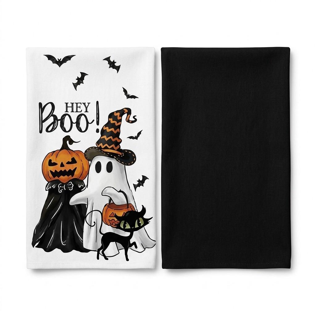 Hey Boo Halloween Tea Towel Set – 2-Pack Black & White Towels