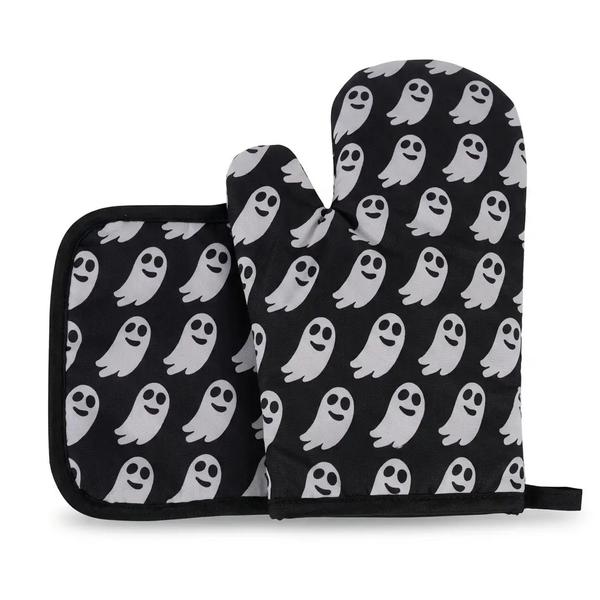 Halloween Oven Mitt & Pot Holder Set – Ghost, Pumpkin, Bat or Spider Print