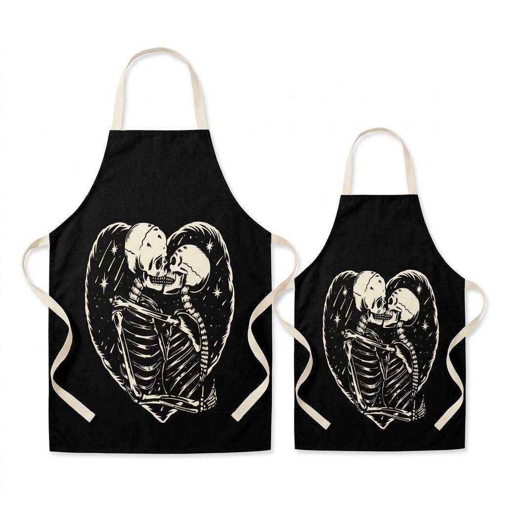 The matching adult and kid skeleton apron set laid flat on white: two black aprons with the same kissing skeleton print.