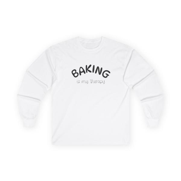 Long Sleeve Tee — "Baking Is My Therapy" Cute Minimalist Baker Shirt