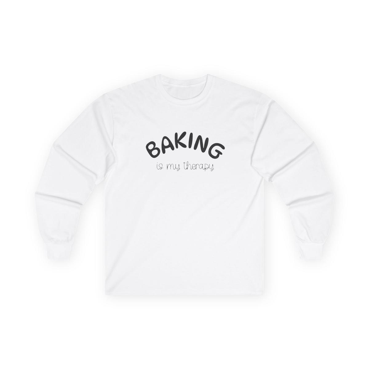 Long Sleeve Tee — "Baking Is My Therapy" Cute Minimalist Baker Shirt
